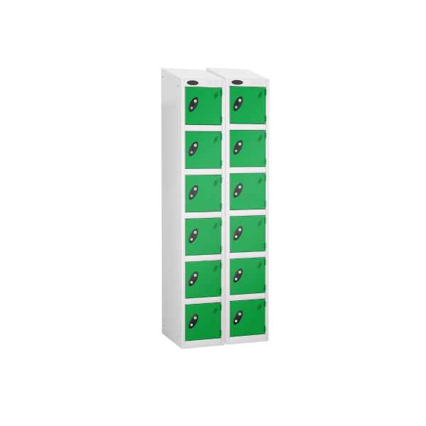 Nest of 2 Metal Storage Lockers | 6 Doors | 1780 x 305 x 305mm | White Carcass | Green Door | Cam Lock | Sloping Top | Probe