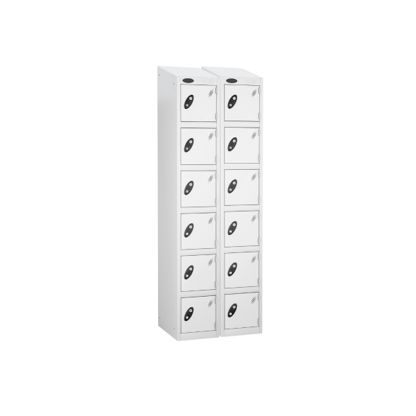 Nest of 2 Metal Storage Lockers | 6 Doors | 1780 x 305 x 305mm | White Carcass | White Door | Cam Lock | Sloping Top | Probe