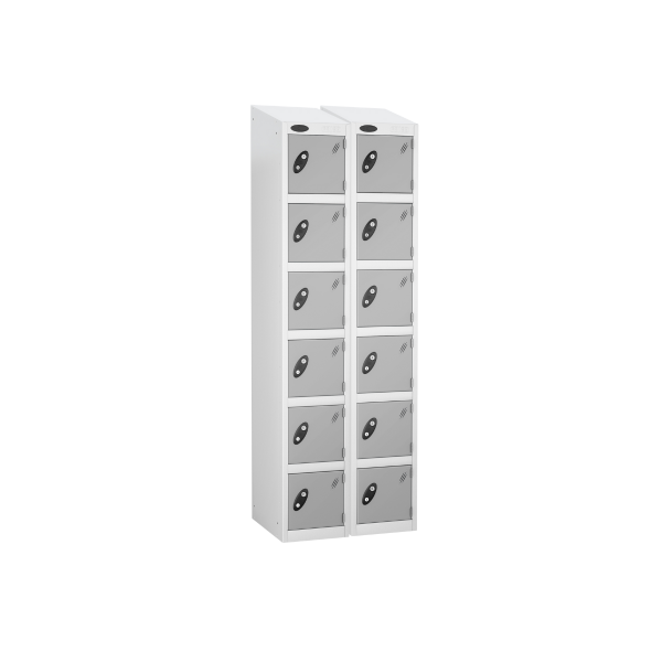 Nest of 2 Metal Storage Lockers | 6 Doors | 1780 x 305 x 305mm | White Carcass | Silver Door | Cam Lock | Sloping Top | Probe