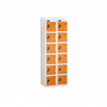 Nest of 2 Metal Storage Lockers | 6 Doors | 1780 x 305 x 305mm | White Carcass | Orange Door | Cam Lock | Sloping Top | Probe