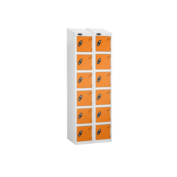 Nest of 2 Metal Storage Lockers | 6 Doors | 1780 x 305 x 305mm | White Carcass | Orange Door | Cam Lock | Sloping Top | Probe