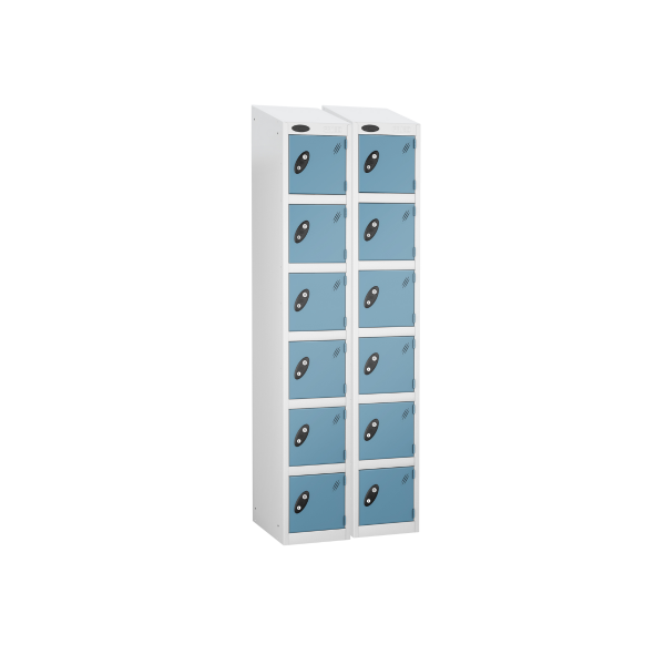 Nest of 2 Metal Storage Lockers | 6 Doors | 1780 x 305 x 305mm | White Carcass | Ocean Door | Cam Lock | Sloping Top | Probe