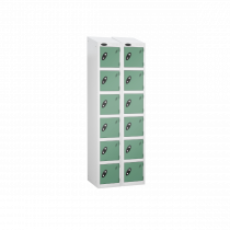 Nest of 2 Metal Storage Lockers | 6 Doors | 1780 x 305 x 305mm | White Carcass | Jade Door | Cam Lock | Sloping Top | Probe