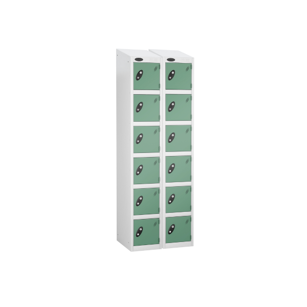 Nest of 2 Metal Storage Lockers | 6 Doors | 1780 x 305 x 305mm | White Carcass | Jade Door | Cam Lock | Sloping Top | Probe