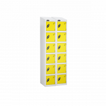 Nest of 2 Metal Storage Lockers | 6 Doors | 1780 x 305 x 305mm | White Carcass | Lemon Door | Cam Lock | Sloping Top | Probe