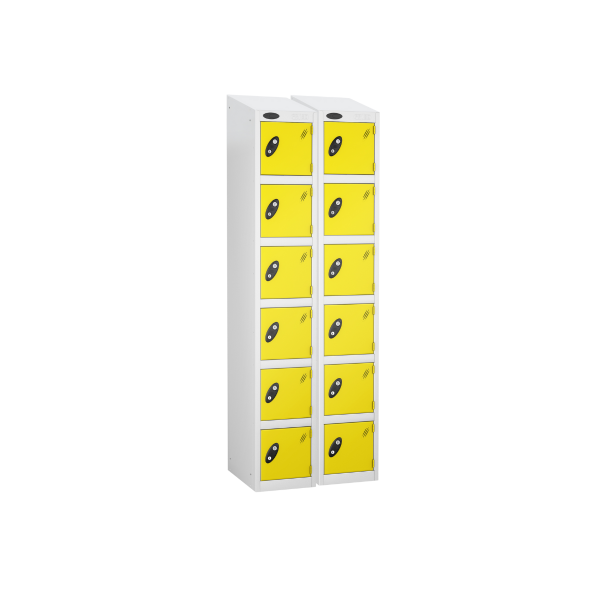 Nest of 2 Metal Storage Lockers | 6 Doors | 1780 x 305 x 305mm | White Carcass | Lemon Door | Cam Lock | Sloping Top | Probe