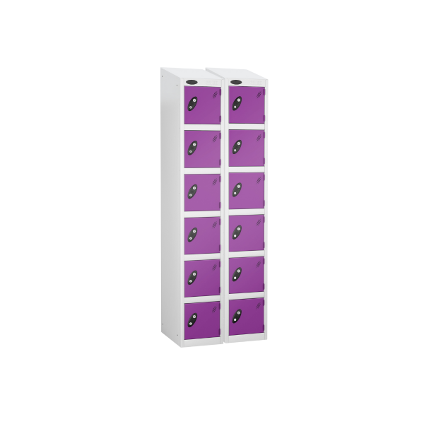 Nest of 2 Metal Storage Lockers | 6 Doors | 1780 x 305 x 305mm | White Carcass | Lilac Door | Cam Lock | Sloping Top | Probe