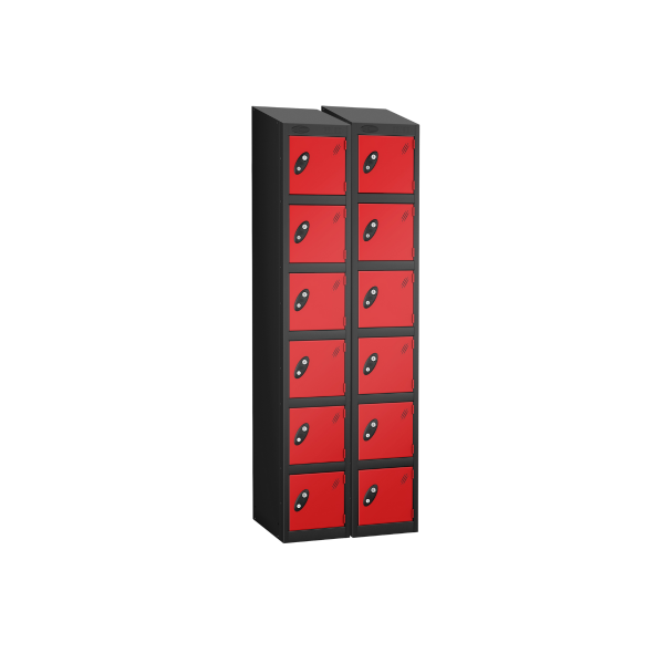 Nest of 2 Metal Storage Lockers | 6 Doors | 1780 x 305 x 305mm | Black Carcass | Red Door | Cam Lock | Sloping Top | Probe