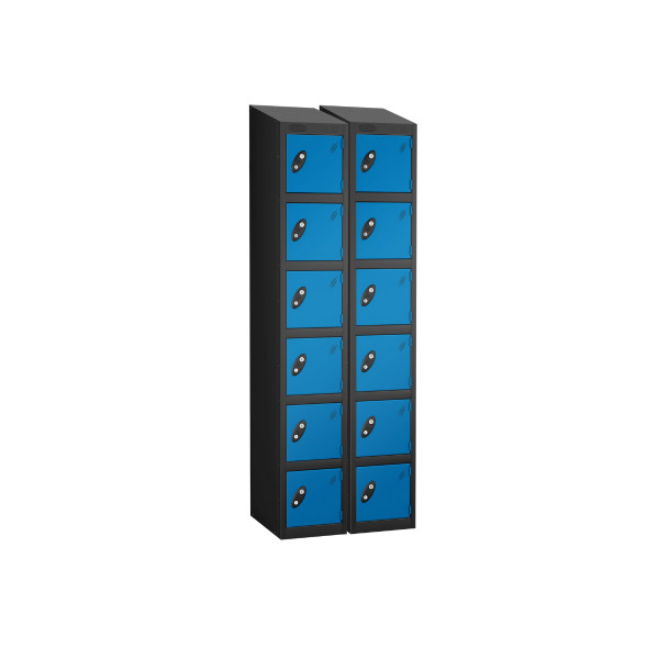 Nest of 2 Metal Storage Lockers | 6 Doors | 1780 x 305 x 305mm | Black Carcass | Blue Door | Cam Lock | Sloping Top | Probe