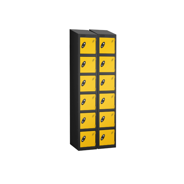 Nest of 2 Metal Storage Lockers | 6 Doors | 1780 x 305 x 305mm | Black Carcass | Yellow Door | Cam Lock | Sloping Top | Probe