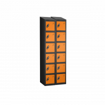 Nest of 2 Metal Storage Lockers | 6 Doors | 1780 x 305 x 305mm | Black Carcass | Orange Door | Cam Lock | Sloping Top | Probe