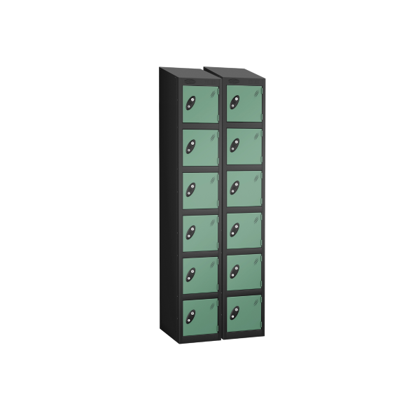 Nest of 2 Metal Storage Lockers | 6 Doors | 1780 x 305 x 305mm | Black Carcass | Jade Door | Cam Lock | Sloping Top | Probe