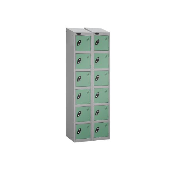 Nest of 2 Metal Storage Lockers | 6 Doors | 1780 x 305 x 305mm | Silver Carcass | Jade Door | Cam Lock | Sloping Top | Probe