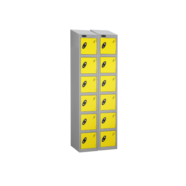 Nest of 2 Metal Storage Lockers | 6 Doors | 1780 x 305 x 305mm | Silver Carcass | Lemon Door | Cam Lock | Sloping Top | Probe