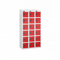 Nest of 3 Metal Storage Lockers | 6 Doors | 1780 x 305 x 305mm | White Carcass | Red Door | Cam Lock | Sloping Top | Probe