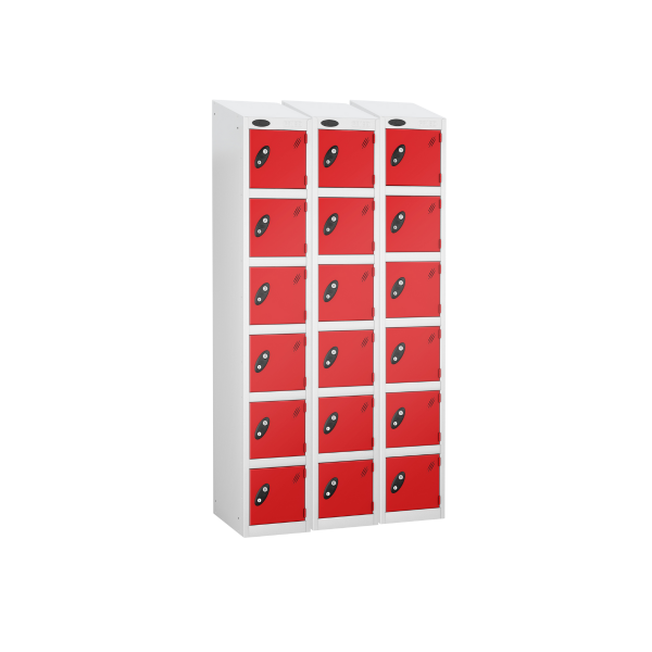 Nest of 3 Metal Storage Lockers | 6 Doors | 1780 x 305 x 305mm | White Carcass | Red Door | Cam Lock | Sloping Top | Probe