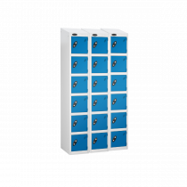 Nest of 3 Metal Storage Lockers | 6 Doors | 1780 x 305 x 305mm | White Carcass | Blue Door | Cam Lock | Sloping Top | Probe