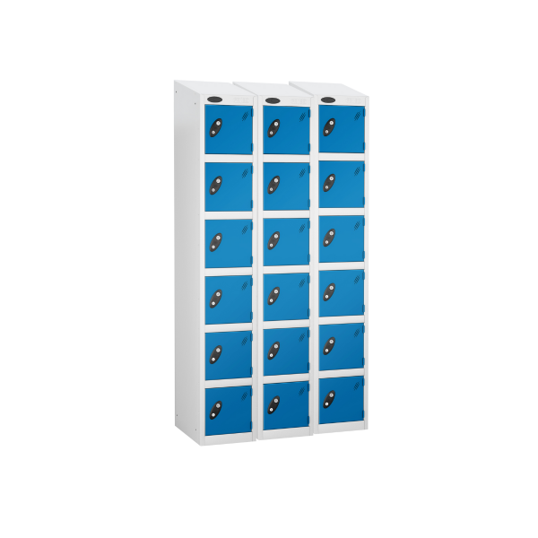 Nest of 3 Metal Storage Lockers | 6 Doors | 1780 x 305 x 305mm | White Carcass | Blue Door | Cam Lock | Sloping Top | Probe