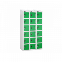 Nest of 3 Metal Storage Lockers | 6 Doors | 1780 x 305 x 305mm | White Carcass | Green Door | Cam Lock | Sloping Top | Probe