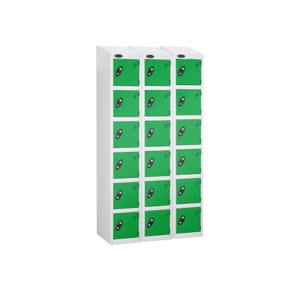 Nest of 3 Metal Storage Lockers | 6 Doors | 1780 x 305 x 305mm | White Carcass | Green Door | Cam Lock | Sloping Top | Probe