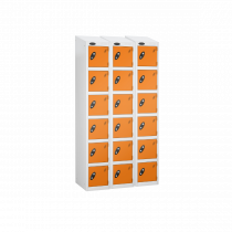 Nest of 3 Metal Storage Lockers | 6 Doors | 1780 x 305 x 305mm | White Carcass | Orange Door | Cam Lock | Sloping Top | Probe