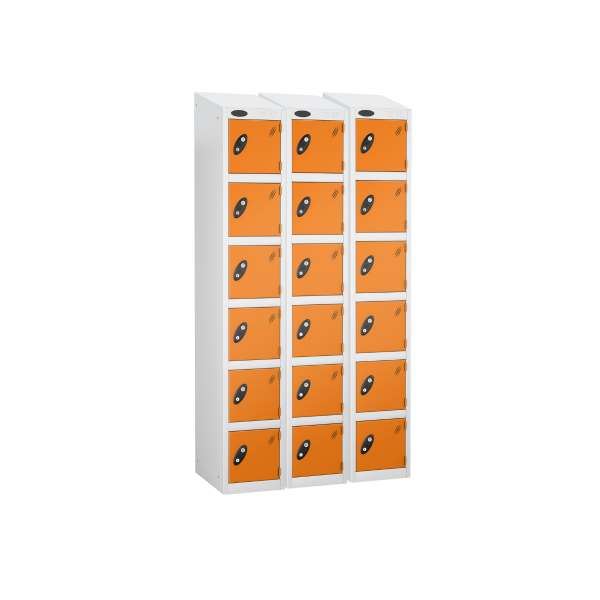 Nest of 3 Metal Storage Lockers | 6 Doors | 1780 x 305 x 305mm | White Carcass | Orange Door | Cam Lock | Sloping Top | Probe