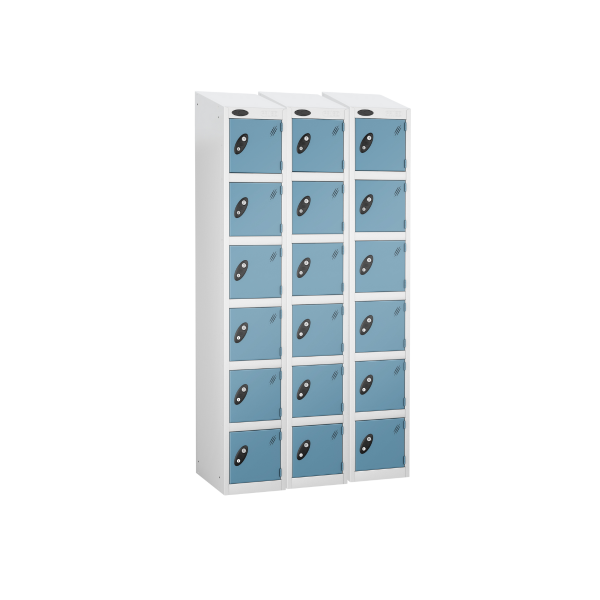 Nest of 3 Metal Storage Lockers | 6 Doors | 1780 x 305 x 305mm | White Carcass | Ocean Door | Cam Lock | Sloping Top | Probe