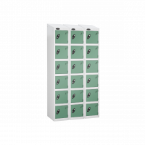 Nest of 3 Metal Storage Lockers | 6 Doors | 1780 x 305 x 305mm | White Carcass | Jade Door | Cam Lock | Sloping Top | Probe