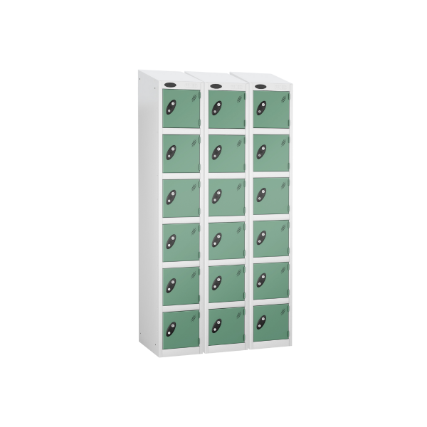 Nest of 3 Metal Storage Lockers | 6 Doors | 1780 x 305 x 305mm | White Carcass | Jade Door | Cam Lock | Sloping Top | Probe