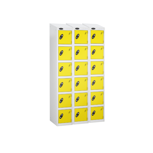 Nest of 3 Metal Storage Lockers | 6 Doors | 1780 x 305 x 305mm | White Carcass | Lemon Door | Cam Lock | Sloping Top | Probe