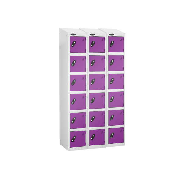 Nest of 3 Metal Storage Lockers | 6 Doors | 1780 x 305 x 305mm | White Carcass | Lilac Door | Cam Lock | Sloping Top | Probe