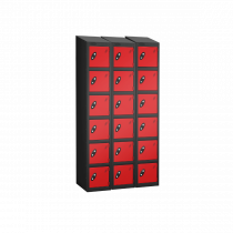 Nest of 3 Metal Storage Lockers | 6 Doors | 1780 x 305 x 305mm | Black Carcass | Red Door | Cam Lock | Sloping Top | Probe