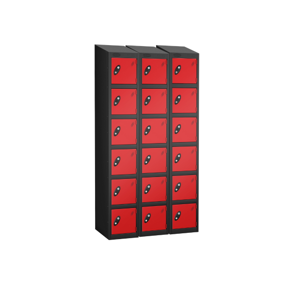 Nest of 3 Metal Storage Lockers | 6 Doors | 1780 x 305 x 305mm | Black Carcass | Red Door | Cam Lock | Sloping Top | Probe