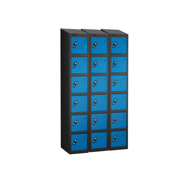 Nest of 3 Metal Storage Lockers | 6 Doors | 1780 x 305 x 305mm | Black Carcass | Blue Door | Cam Lock | Sloping Top | Probe