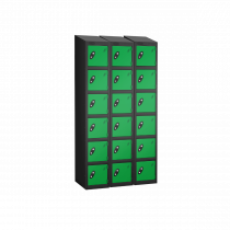 Nest of 3 Metal Storage Lockers | 6 Doors | 1780 x 305 x 305mm | Black Carcass | Green Door | Cam Lock | Sloping Top | Probe