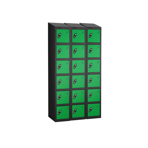 Nest of 3 Metal Storage Lockers | 6 Doors | 1780 x 305 x 305mm | Black Carcass | Green Door | Cam Lock | Sloping Top | Probe