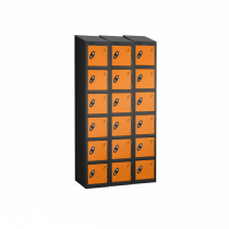 Nest of 3 Metal Storage Lockers | 6 Doors | 1780 x 305 x 305mm | Black Carcass | Orange Door | Cam Lock | Sloping Top | Probe