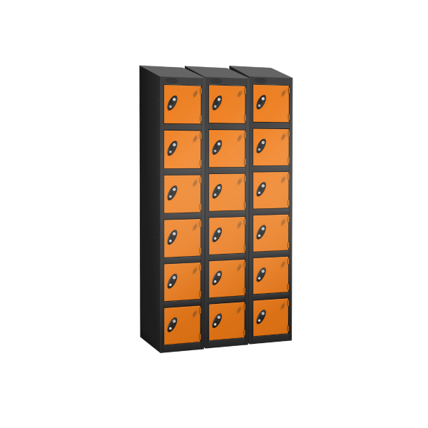 Nest of 3 Metal Storage Lockers | 6 Doors | 1780 x 305 x 305mm | Black Carcass | Orange Door | Cam Lock | Sloping Top | Probe