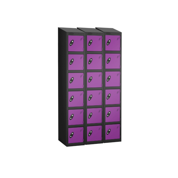 Nest of 3 Metal Storage Lockers | 6 Doors | 1780 x 305 x 305mm | Black Carcass | Lilac Door | Cam Lock | Sloping Top | Probe