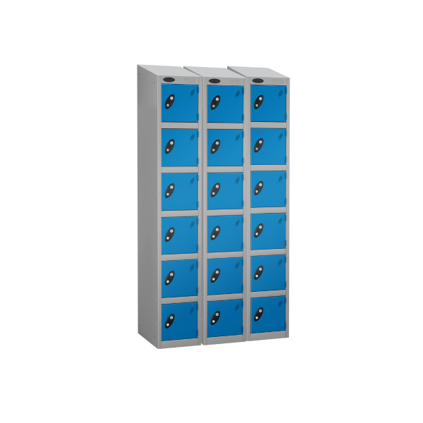 Nest of 3 Metal Storage Lockers | 6 Doors | 1780 x 305 x 305mm | Silver Carcass | Blue Door | Cam Lock | Sloping Top | Probe