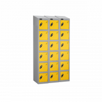 Nest of 3 Metal Storage Lockers | 6 Doors | 1780 x 305 x 305mm | Silver Carcass | Yellow Door | Cam Lock | Sloping Top | Probe