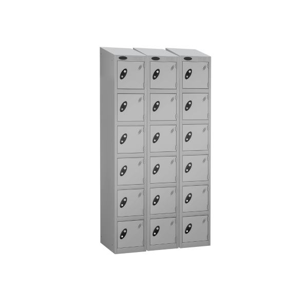 Nest of 3 Metal Storage Lockers | 6 Doors | 1780 x 305 x 305mm | Silver Carcass | Silver Door | Cam Lock | Sloping Top | Probe