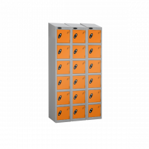 Nest of 3 Metal Storage Lockers | 6 Doors | 1780 x 305 x 305mm | Silver Carcass | Orange Door | Cam Lock | Sloping Top | Probe