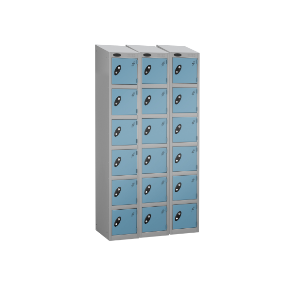 Nest of 3 Metal Storage Lockers | 6 Doors | 1780 x 305 x 305mm | Silver Carcass | Ocean Door | Cam Lock | Sloping Top | Probe