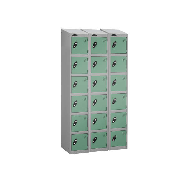 Nest of 3 Metal Storage Lockers | 6 Doors | 1780 x 305 x 305mm | Silver Carcass | Jade Door | Cam Lock | Sloping Top | Probe