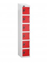 Single Metal Storage Locker | 6 Doors | 1780 x 305 x 380mm | White Carcass | Red Door | Cam Lock | Sloping Top | Probe