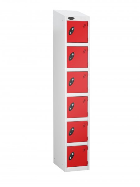 Single Metal Storage Locker | 6 Doors | 1780 x 305 x 380mm | White Carcass | Red Door | Cam Lock | Sloping Top | Probe