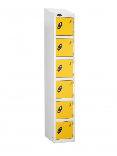 Single Metal Storage Locker | 6 Doors | 1780 x 305 x 380mm | White Carcass | Yellow Door | Cam Lock | Sloping Top | Probe