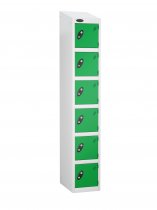 Single Metal Storage Locker | 6 Doors | 1780 x 305 x 380mm | White Carcass | Green Door | Cam Lock | Sloping Top | Probe