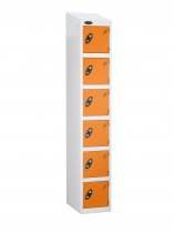 Single Metal Storage Locker | 6 Doors | 1780 x 305 x 380mm | White Carcass | Orange Door | Cam Lock | Sloping Top | Probe